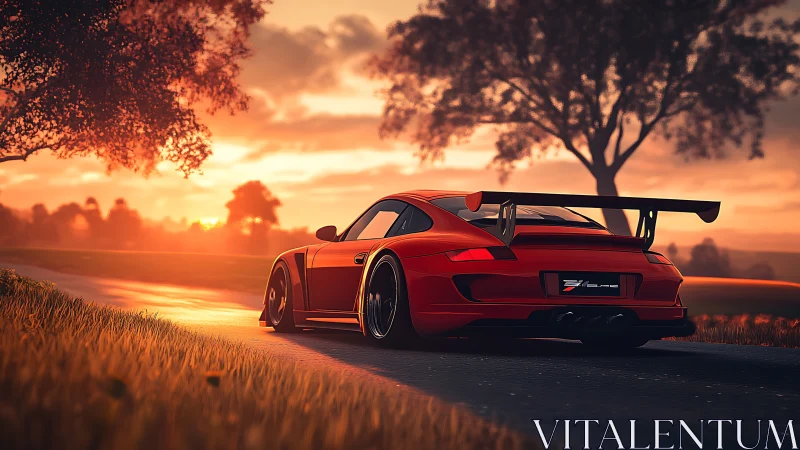 Red track car cuts through glowing sunset country road.