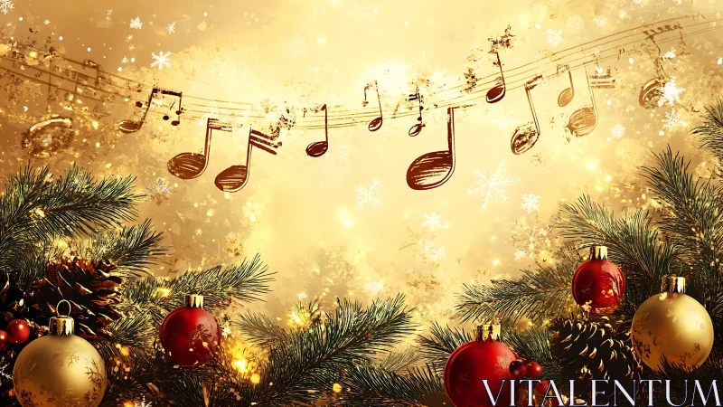 Golden holiday music drifts above glowing Christmas greens