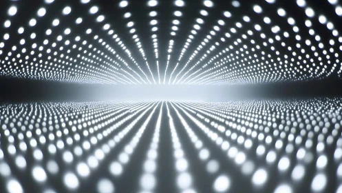 Futuristic tunnel of glowing white LED lights in abstract digital style.