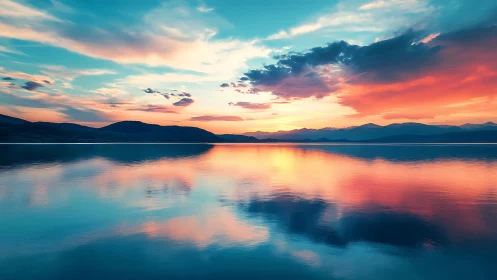 Lake surface reflecting multicolored sunset cloud formations.
