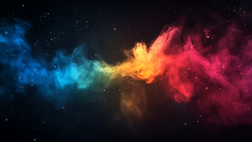 Prismatic cosmic nebula drifts across a dark starfield.