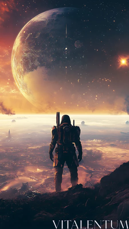 Lone astronaut overlooking alien city beneath vast planet.