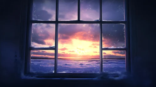 Frosted window frames vivid winter sunrise over icy plain