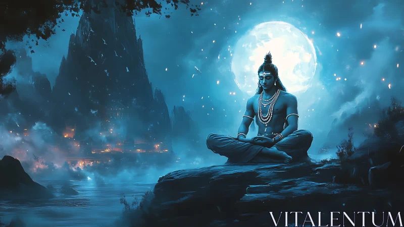 Moonlit meditative deity before misty mountain citadel.