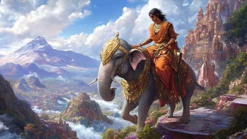 Sky-high empress guides a jeweled elephant over cloud valleys