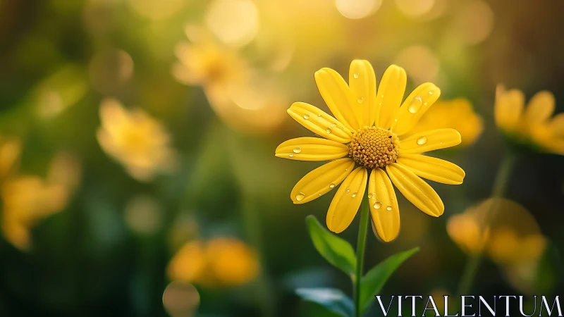 Yellow Daisy with Dew Droplets in Field Setting