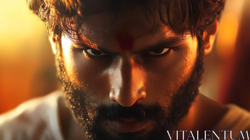 Intense bearded man in warm cinematic close-up portrait.