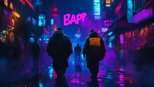 Neon soaked night walkers in a moody cyberpunk alleyway.