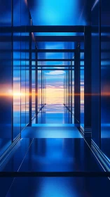 Geometric blue corridor framing distant horizon view.