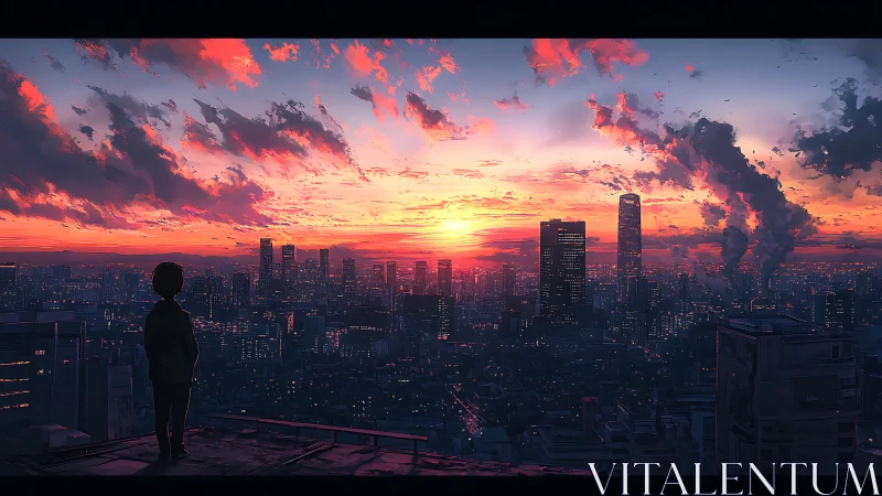 Solitary figure watching dense city at vivid sunset.