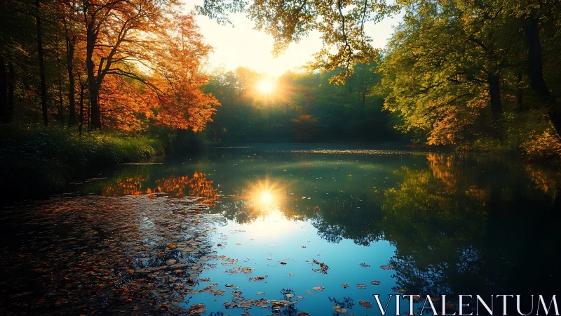 Photorealistic autumn woodland lake with reflected sunrise glow.
