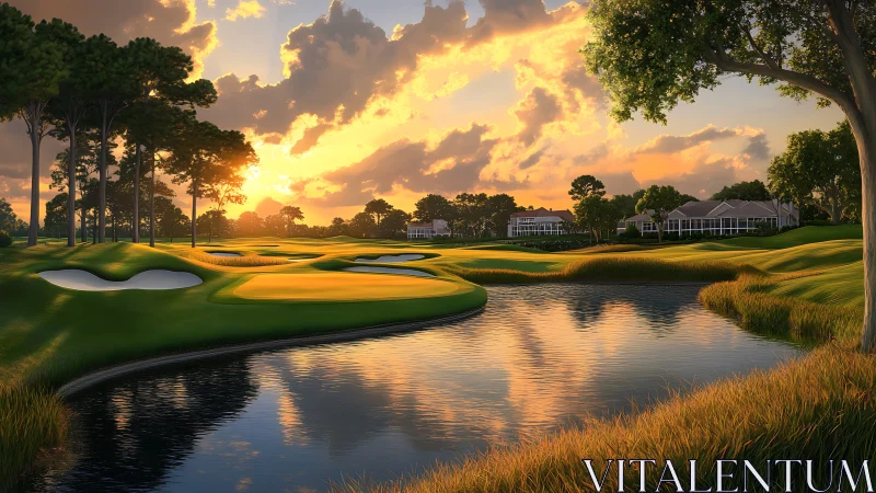 Golden hour calm over a lakeside golf course retreat.