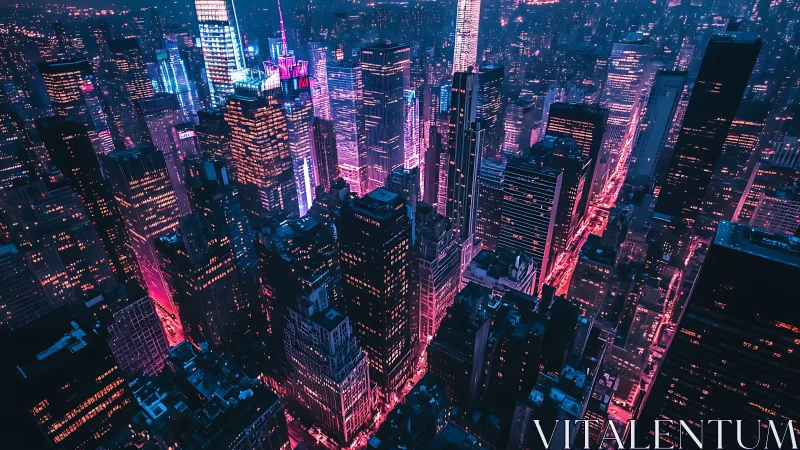 Neon-saturated aerial megacity grid under cyberpunk nightscape.