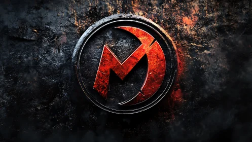 Molten red metallic emblem on distressed black wall.