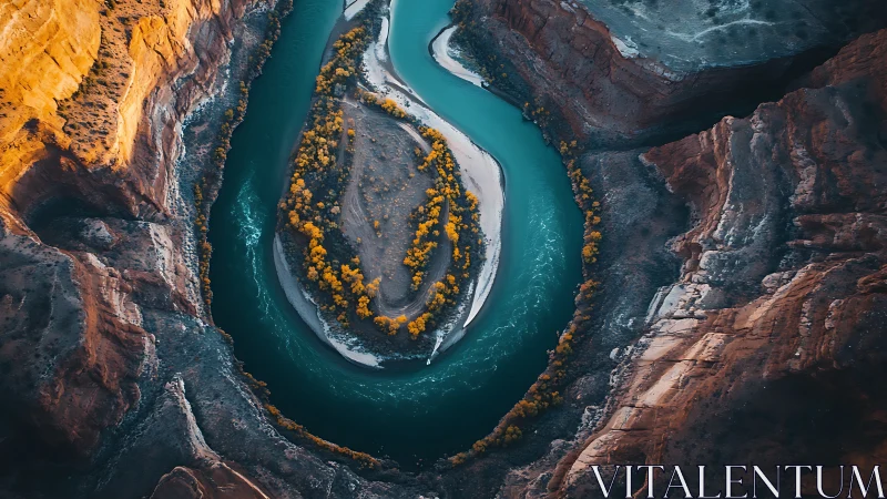 Emerald river loop cradling autumn-gold island in canyon embrace.
