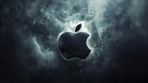 Metallic apple logo emerging from swirling smoke field.