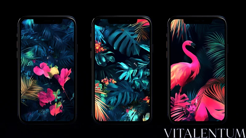 Neon jungle blooms across three glowing phone nightscapes