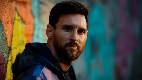 Bearded man portrait against colorful urban graffiti wall.