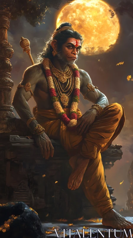 Anthropomorphic simian figure sits before full moon