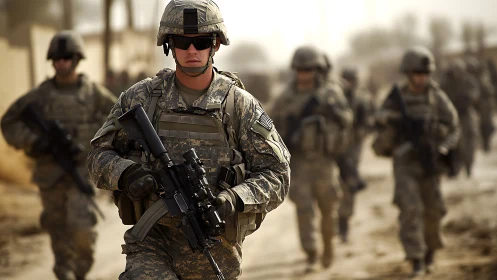 Determined soldiers walk together through a dusty deployment