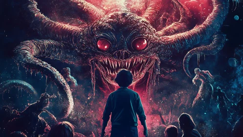 Children confront towering tentacled monster in glowing void