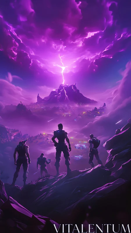 Storm-illuminated volcanic battlefield observed by silhouetted squad