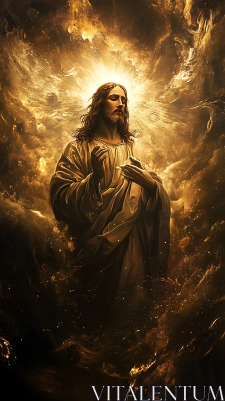 Radiant robed figure within swirling golden light storm.