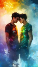 Luminescent Dual-Figure Portrait with Chromatic Light Diffusion Overlay