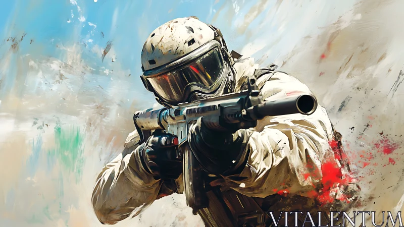 Soldier in tactical gear aiming rifle in abstract setting.