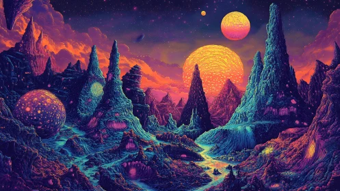 Neon twin suns ignite a crystalline alien valley in bloom.
