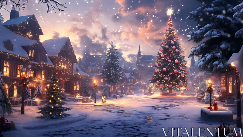 Snowlit village boulevard crowned by glowing storybook tree.