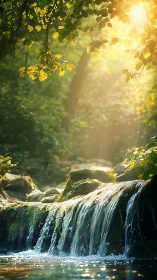 Golden morning sunlight gently kisses a tranquil forest stream