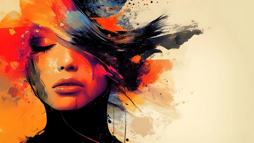 Digital portrait merges vivid splashes with serene face.