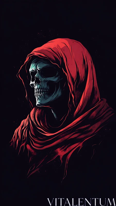 Hooded skeletal portrait in crimson cloak on deep black field