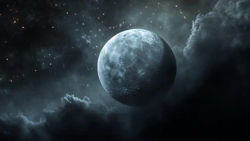 Lunar body emerging through dense atmospheric cloud layer.