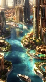 Sunlit canal metropolis where turquoise water owns rush hour.