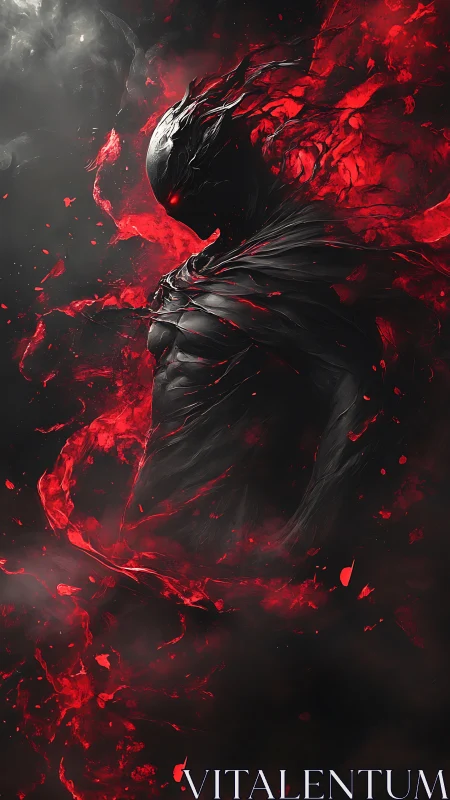 Shadow humanoid in red energy shroud against dark void background.