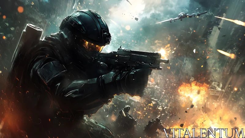 Armored Vanguard Surges Through a Burning Futuristic Warzone.