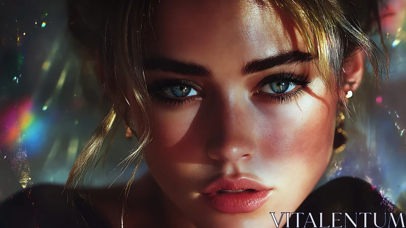 Digital close-up portrait depicts a woman’s illuminated face