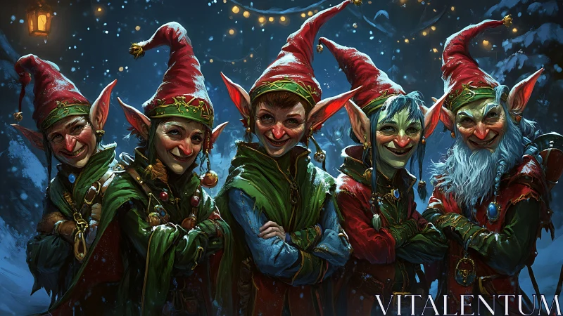 Group of festive elves stand together in snowy forest