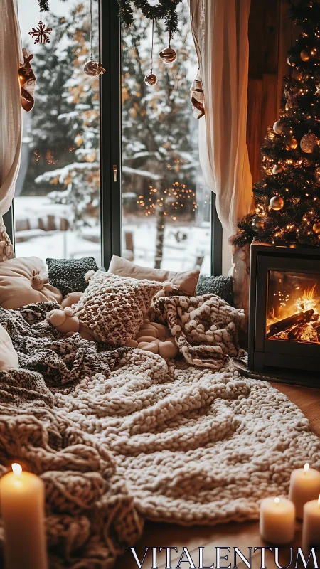 Cozy winter nook by the fire with blankets and soft lights.