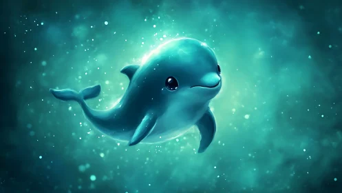 Gentle glowing dolphin drifting through dreamy teal seas.