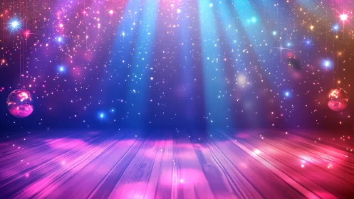 Colorful disco stage with sparkling lights and floor.
