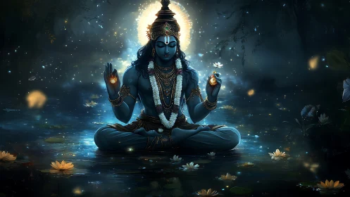 Divine blue deity meditates in a glowing lotus pond at night.