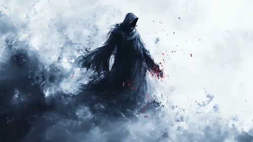 Hooded spectral figure in abstract monochrome mist environment.