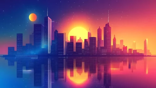 Neon gradient skyline renders dual-sun city at mirrored dusk