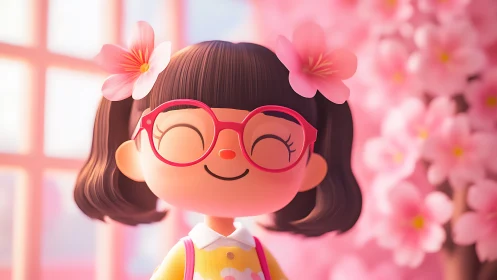 Smiling chibi girl with cherry blossoms in soft focus.