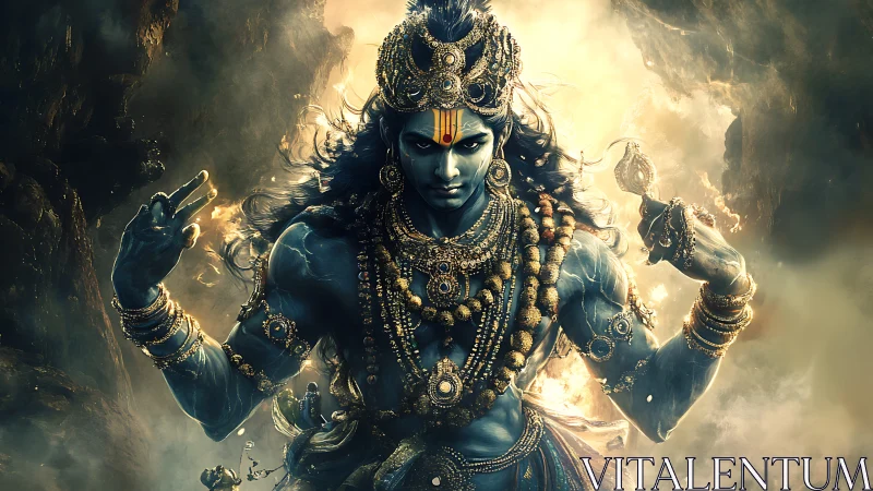 Mythic blue deity rendered with high-detail digital lighting and fog