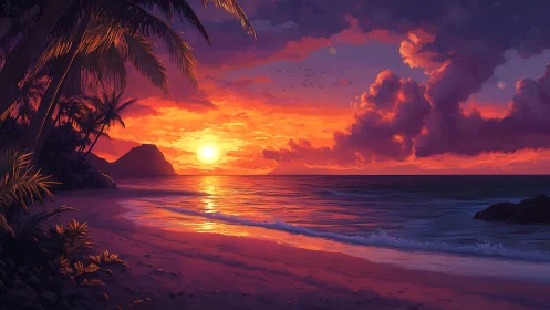 Sunset illuminates tropical shoreline with layered cloud formations