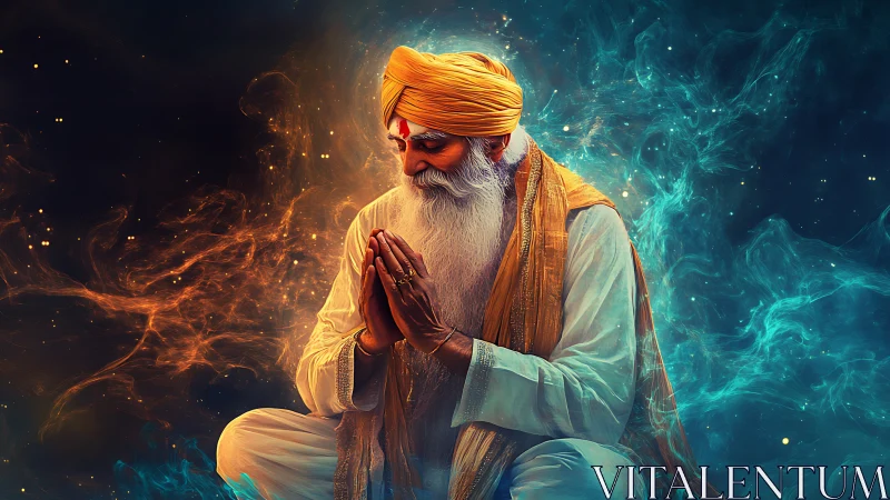 Mystic elder in cosmic meditation amid fire and mist.